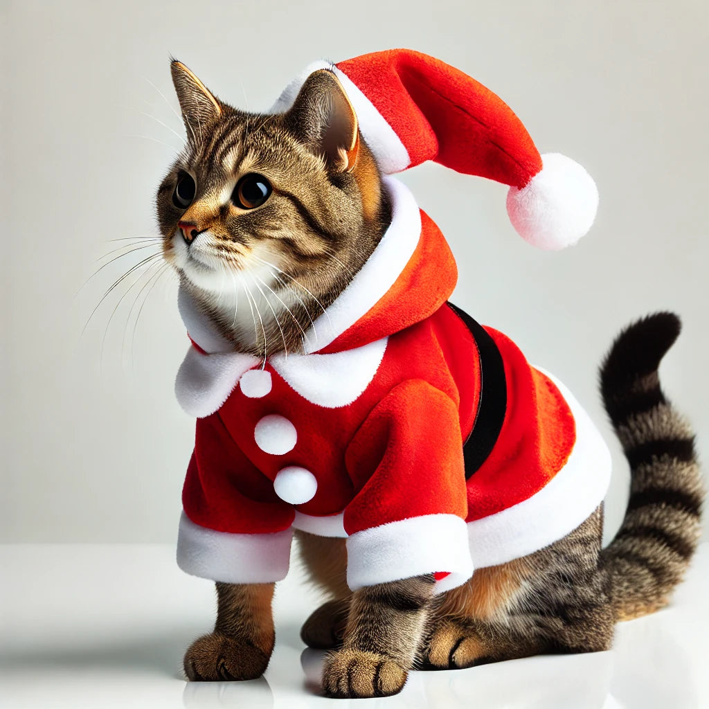 Costume de chat festif avec tenue de Père Noël rouge et blanche, accompagné d’un chapeau assorti