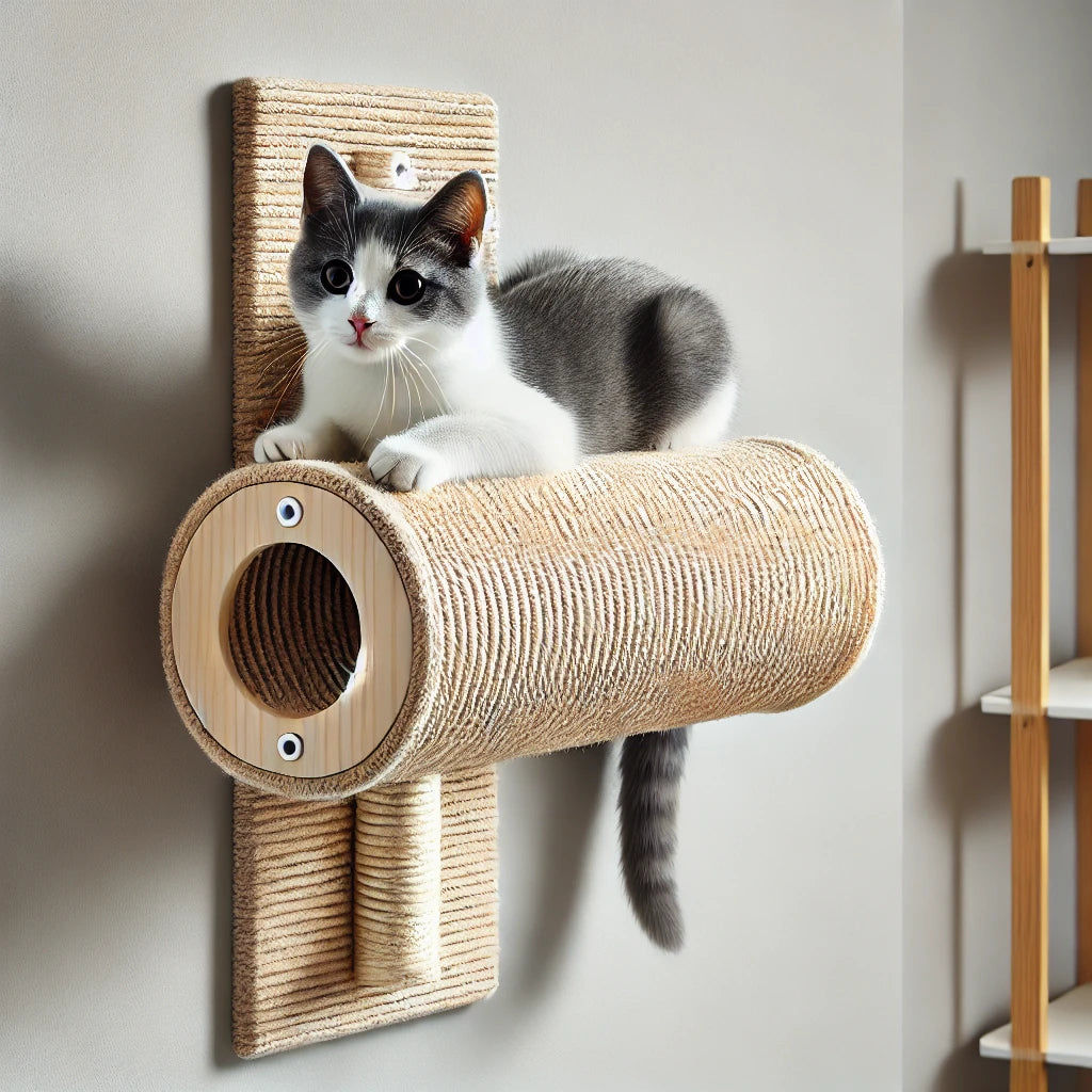 Griffoir mural pour chat fixé à un mur blanc, fabriqué en sisal robuste, utilisé par un chat gris et blanc s’étirant pour griffer