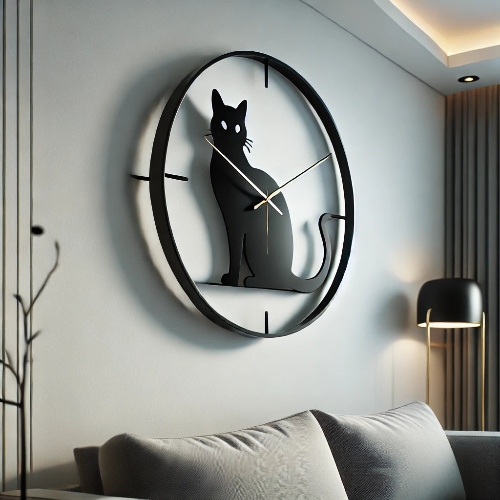 Horloge murale chat noir avec silhouette élégante, fixée sur un mur blanc dans un salon contemporain