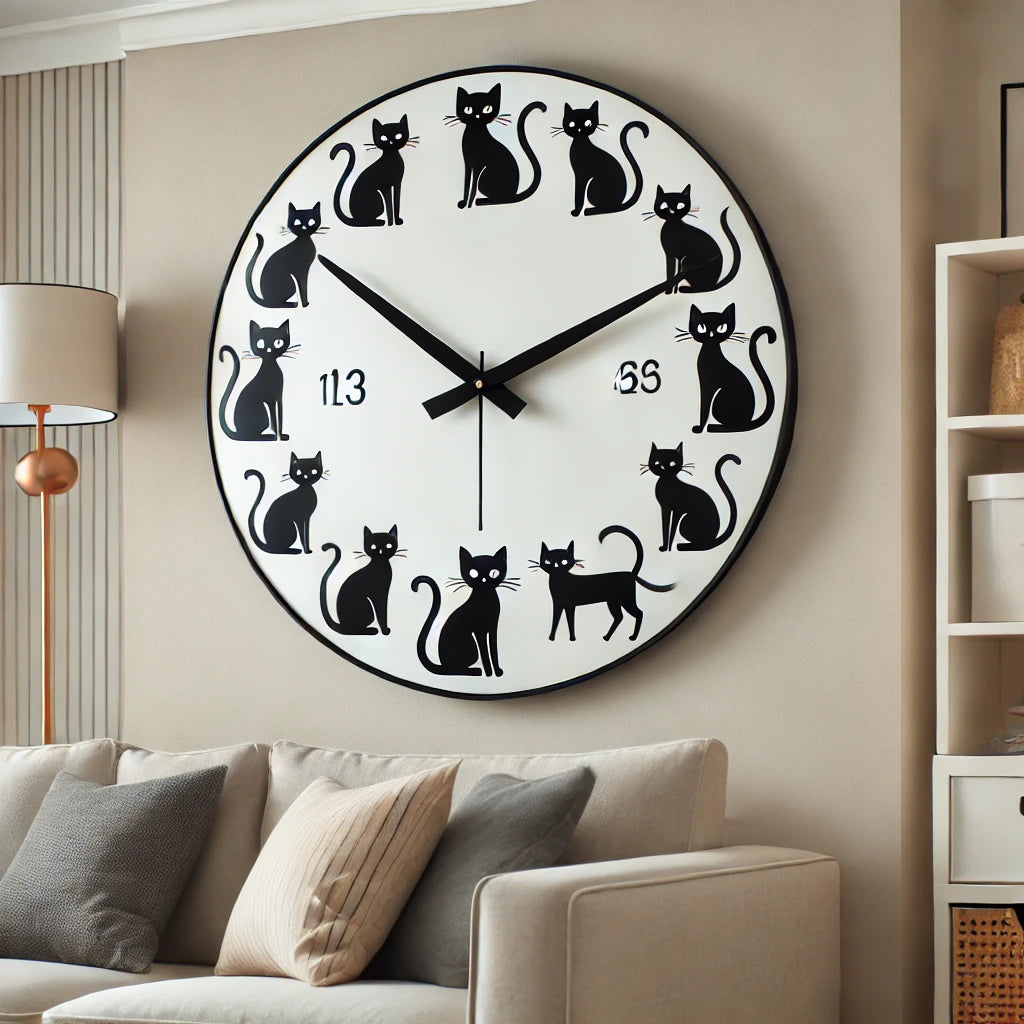 Horloge murale moderne avec illustrations de chats noirs autour du cadran, fixée sur un mur clair dans un salon contemporain