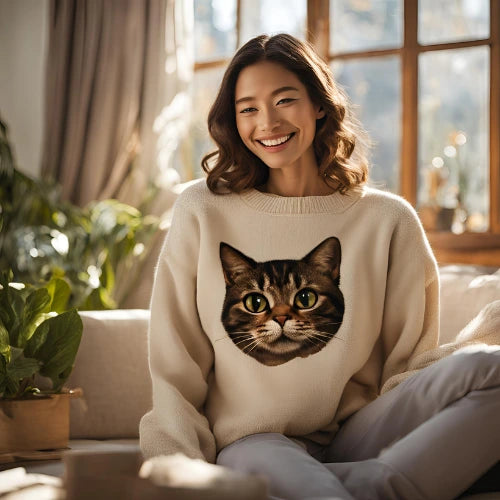 Pull chat femme beige avec motif tête de chat réaliste, idéal pour les passionnées de mode et amoureuses des félins