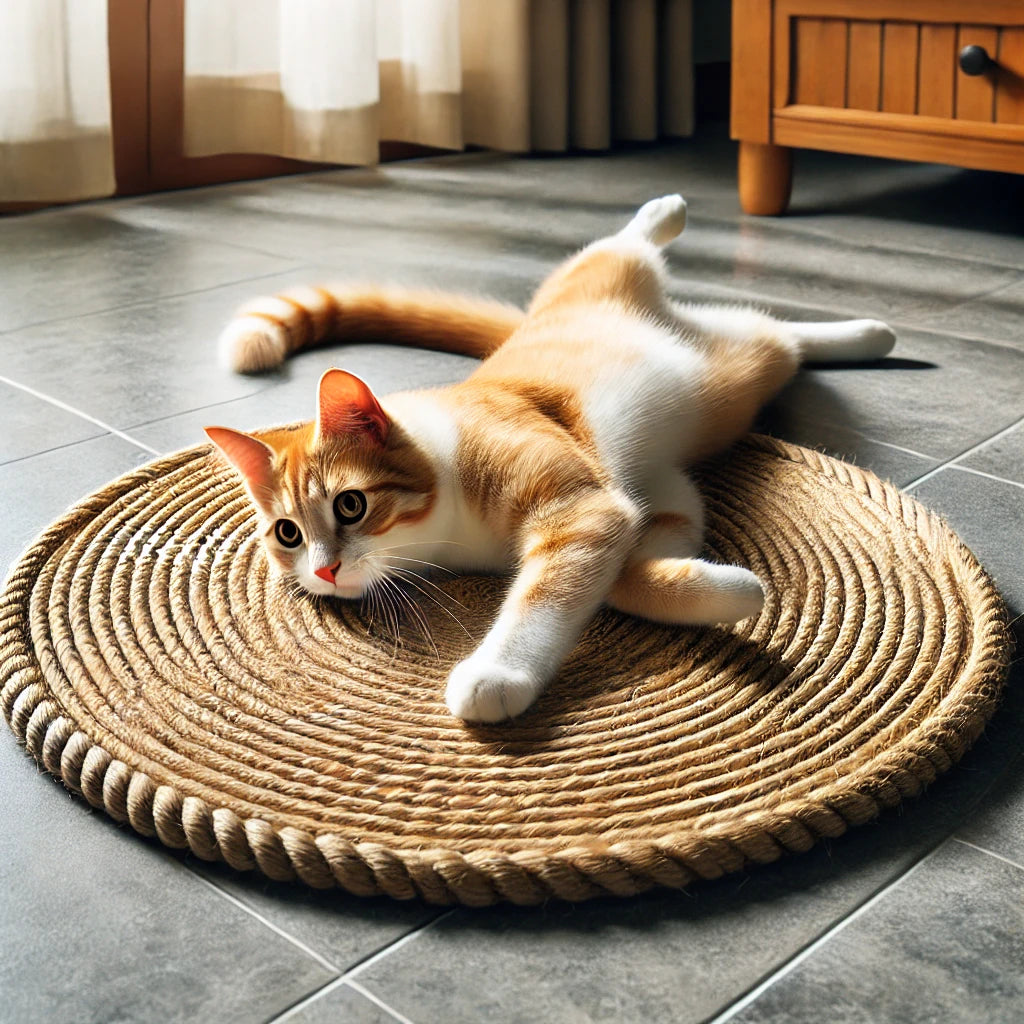 Tapis griffoir pour chat fabriqué en sisal durable, posé sur un sol carrelé avec un chat roux et blanc en train de griffer