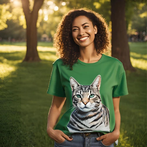 Vêtement chat pour femme, t-shirt vert avec imprimé réaliste de chat, idéal pour les passionnées de félins