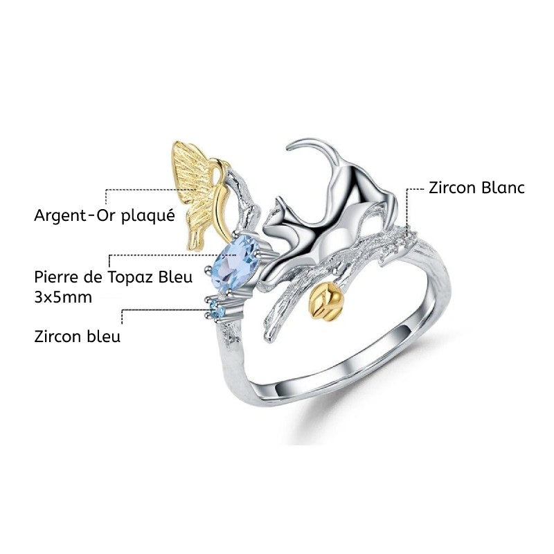 Bague Chat qui chasse le papillon (Argent) Ajustable