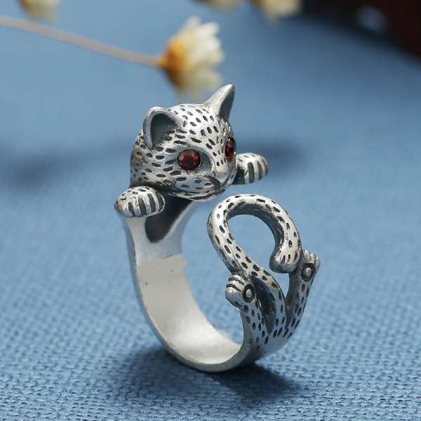 Bague avec Chat aux Yeux Rouges (Argent) - Vraiment-chat