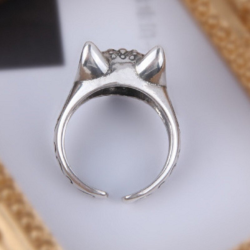 vue arrière bague chat en argent