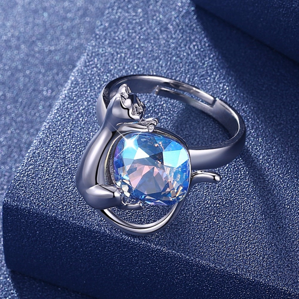 Bague Chat au Cristal Bleu (Argent) - Vraiment-chat