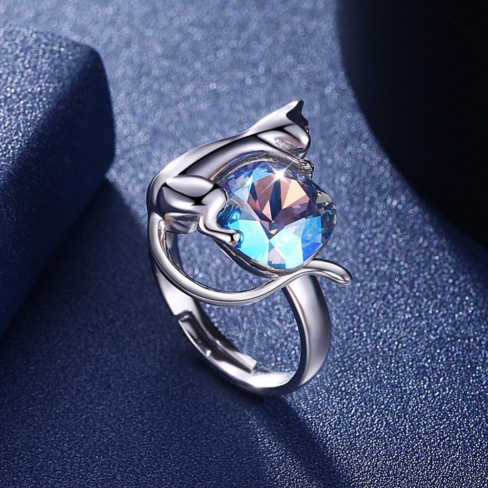 Bague Chat au Cristal Bleu (Argent) - Vraiment-chat