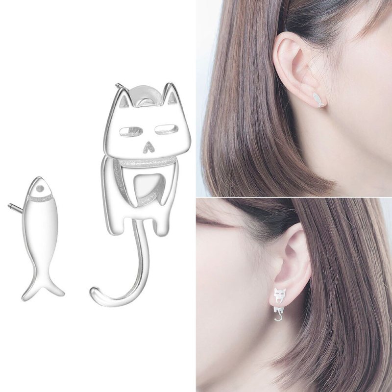 Boucle d'Oreilles Chat et Poisson en Argent - Vraiment-chat