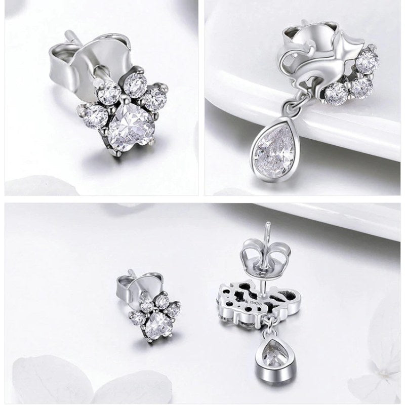 Boucles d'oreilles Chat et Empreinte (argent) - Vraiment-chat