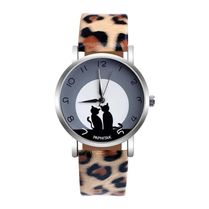 Montre Chat Femme Cuir "Lune à Deux"