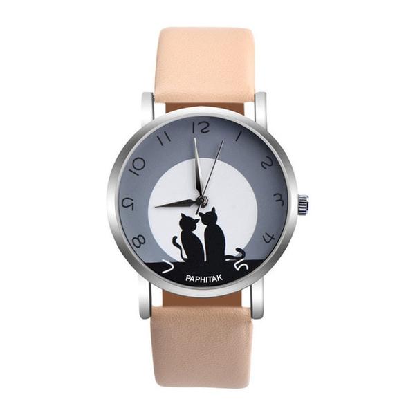 Montre Chat Femme Cuir "Lune à Deux" - Vraiment-chat