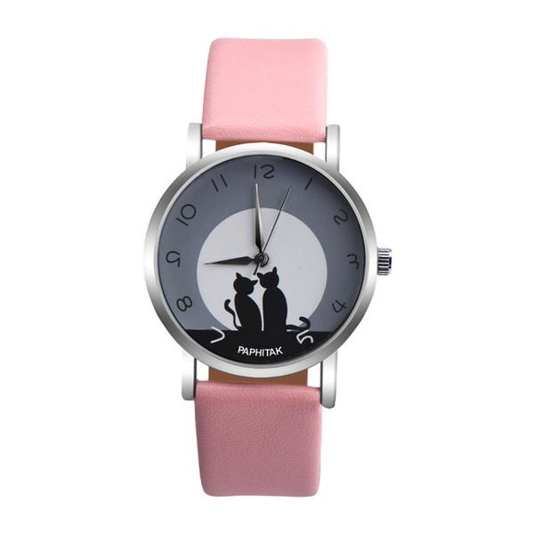 Montre Chat Femme Cuir "Lune à Deux" - Vraiment-chat